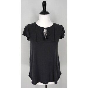 ANN TAYLOR LOFT Soft Gray Cap Ruffle Short Sleeve Keyhole Tie Top Shirt Size XSP